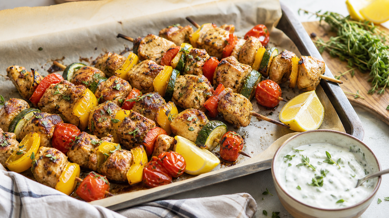 Куриные шашлычки в духовке с летним маринадом и овощами