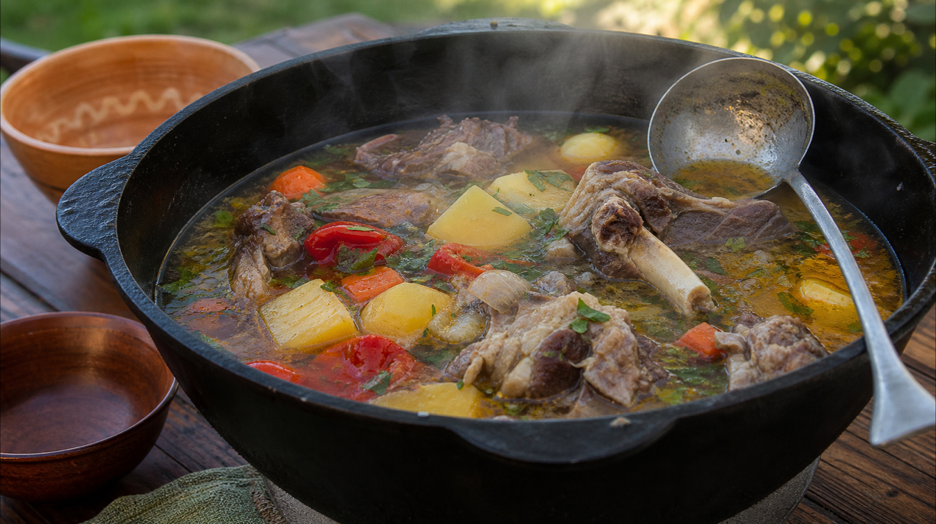 Шурпа из баранины в казане с овощами для воскресного обеда
