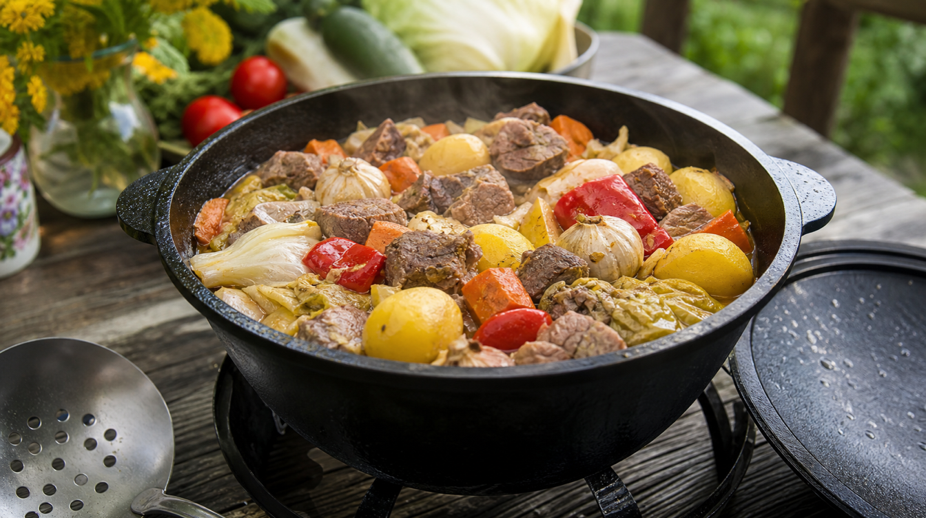 Басма в казане с молодыми овощами и сочным мясом