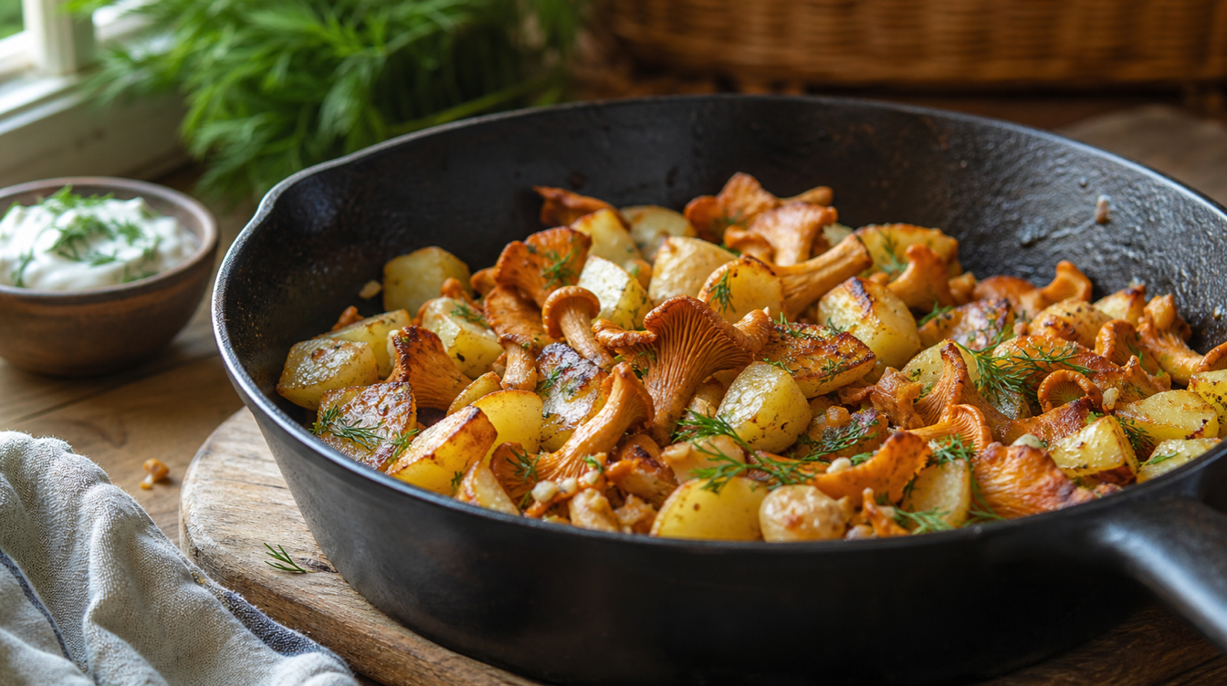 Лисички с картошкой на сковороде дома с маслом и укропом