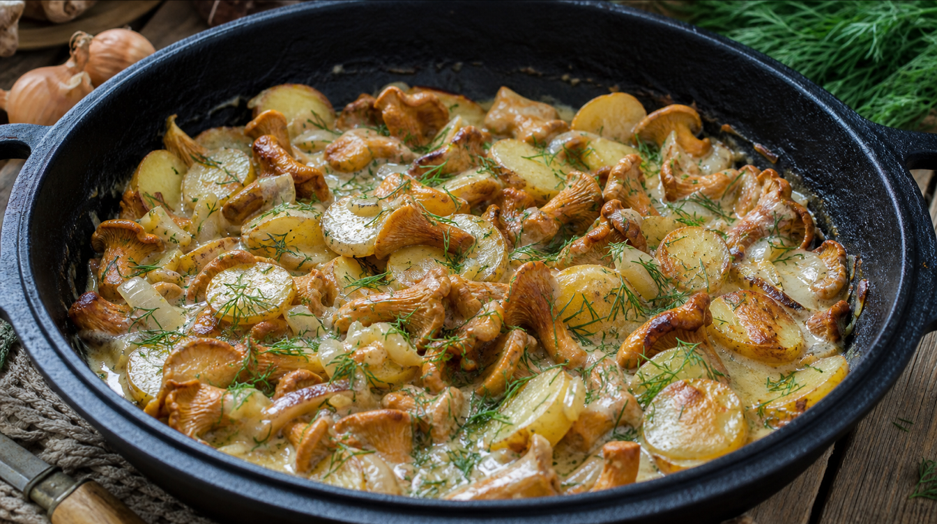 Лисички в сметане с луком и картофелем на сковороде дома